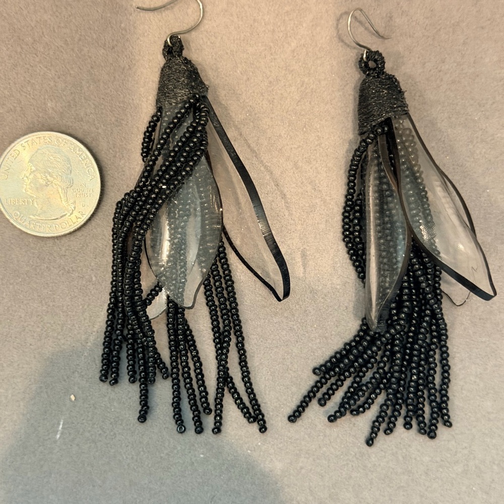 Handcrafted Black Bead & Resin Fringe Earrings